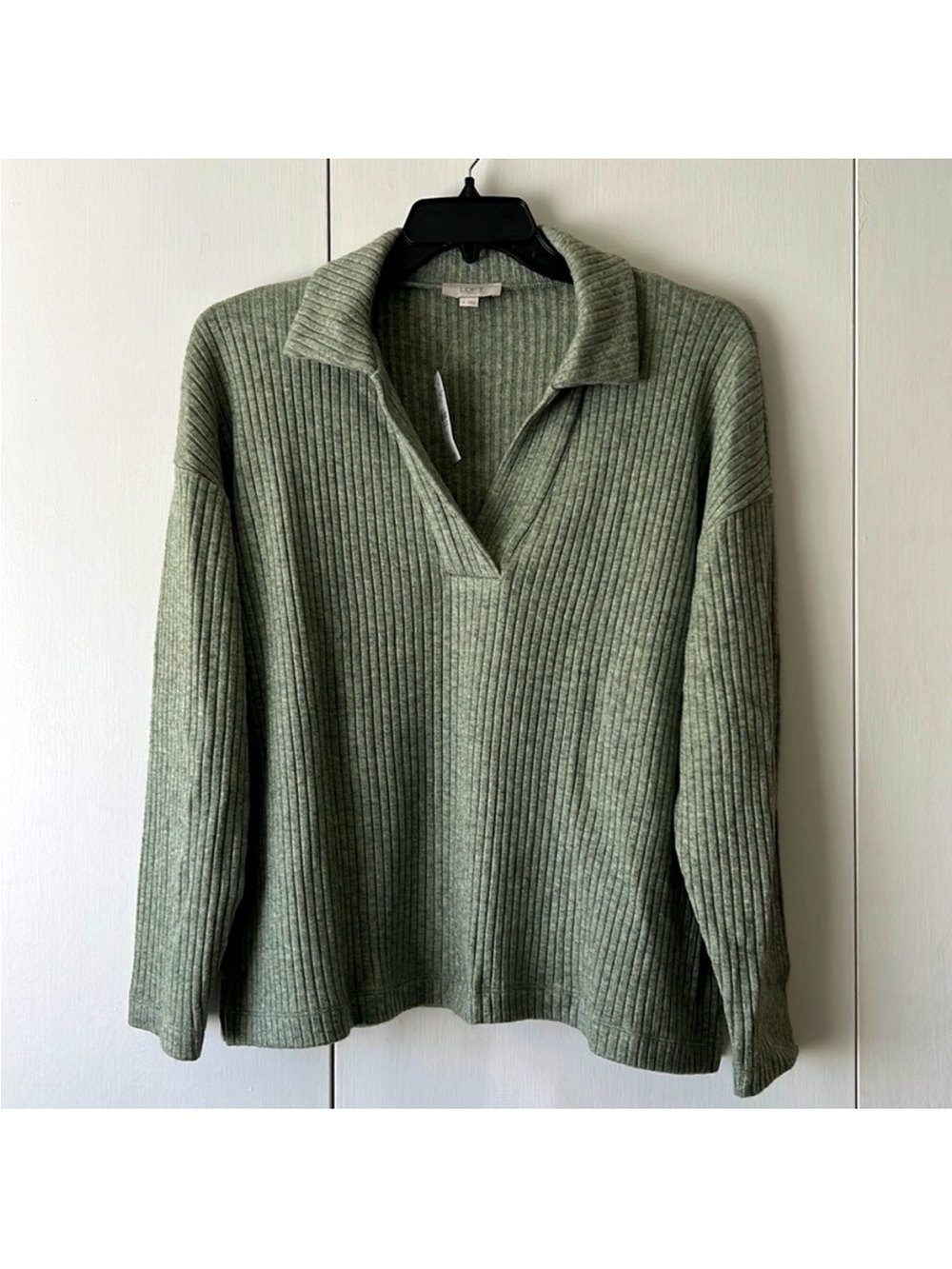 LOFT Sage Green Ribbed Open-Collar Pullover Sweater